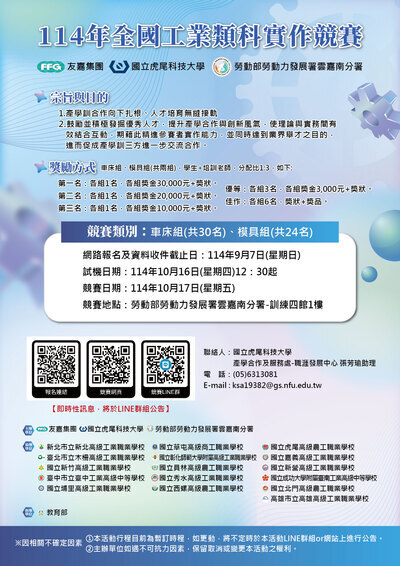 「114年友嘉集團/虎尾科技大學/雲嘉南分署全國工業類科實作競賽」海報