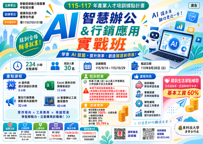 轉知~嶺東科技大學辦理「勞動部勞動力發展署中彰投分署-AI數位 轉型應用培訓據點-AI智慧辦公與行銷應用實戰班」圖片